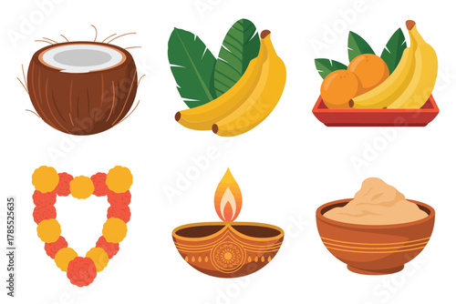 Stylized flat illustration set for Hindu devotion, showing coconut, oil lamp, banana, and offering bowl.