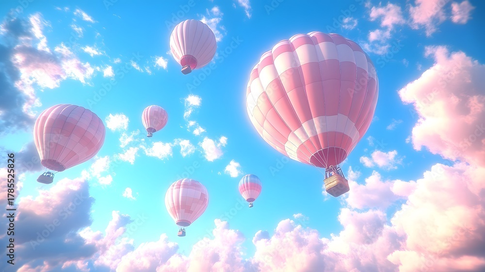 Obraz premium Colorful hot air balloons float gracefully in the blue sky above fluffy clouds during a bright sunny day