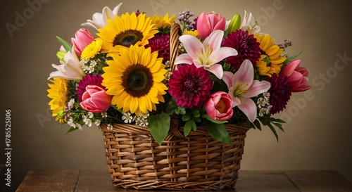 木製テーブルに置かれた色とりどりの美しい花かご優しく差し込む光が華やかな花々を輝かせ特別な瞬間を演出. AI Generated