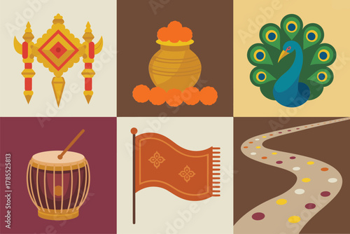 Flat illustration set for Hindu ritual travel, featuring drum, flag, road, and peacock symbols.