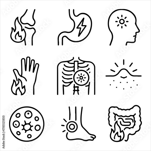 Collection of medical icons depicting various bodily ailments and pain points