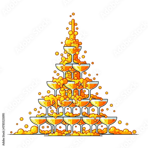 Champagne tower illustration with overflowing glasses and bubbly liquid, isolated on white.