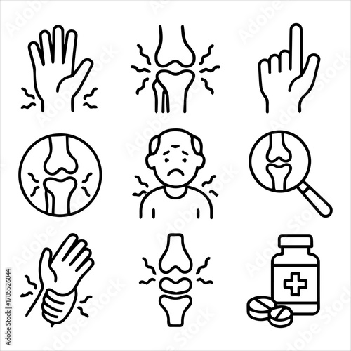 Arthritis Awareness Icon Set Depicting Joint Pain, Hand Symptoms, and Medical Treatments