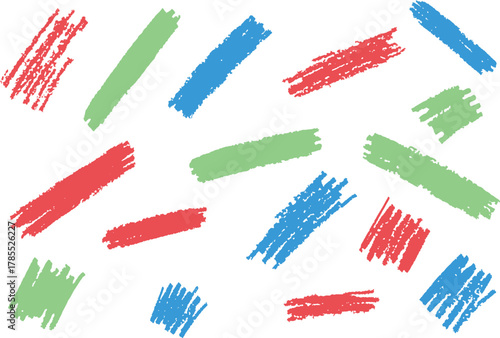 Abstract colorful scribbles and brush strokes in red blue and green on white background