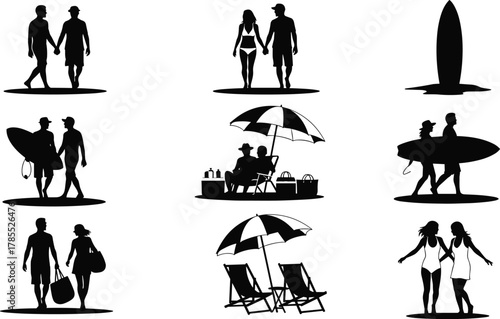Beach activity silhouette icon set, couple walking vector illustration, surfboard and umbrella design, summer leisure graphic, vacation relaxation symbol, coastal holiday art
