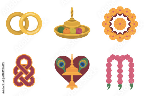 Flat illustration set for Polynesian wedding, featuring rings, garland, heart, and tropical flower symbols.