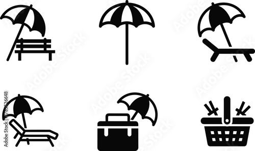 Beach umbrella icon set, picnic basket silhouette, lounge chair vector, outdoor leisure design, summer vacation symbol, resort relaxation graphic, tropical holiday illustration