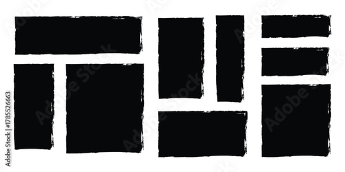 Black doodle rectangular shapes with rough edges, distressed painted textured rectangles. artistic layouts and bold compositions symbol. vector illustration.