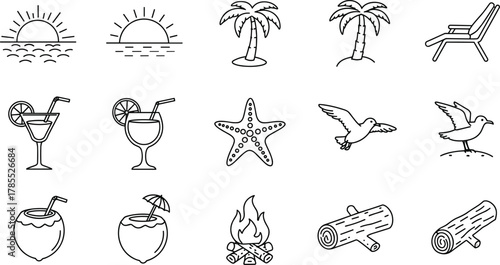 Beach and tropical icon collection, sun, palm trees, birds, cocktails, starfish, campfire, vacation vector illustration set for summer holiday design and tourism themes