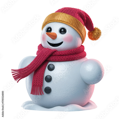 realistic 3D render of a cute snowman with red scarf and golden hat 