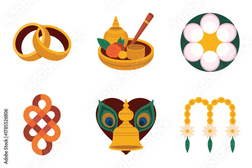Stylized flat vector icons for tropical wedding, showing rings, garland, heart, and flower symbols.