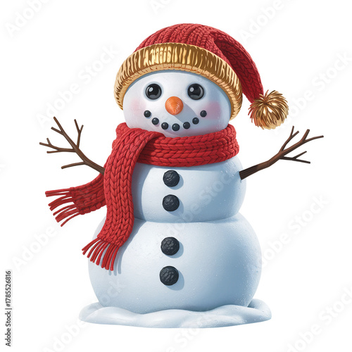 realistic 3D render of a cute snowman with red scarf and golden hat 