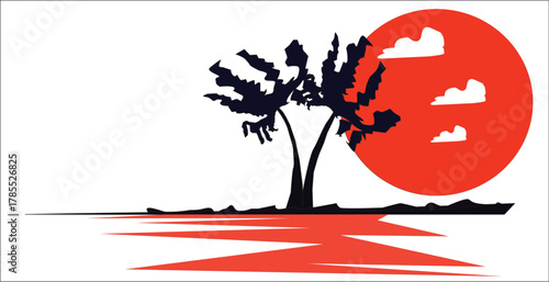 Sunset tropical island scene featuring banana trees, red sun, ocean reflection, and stylized clouds, minimalist artistic illustration ideal for posters, travel branding, or relaxation concept visuals.