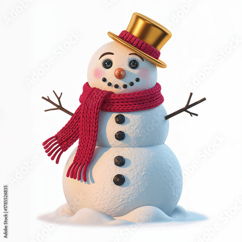 realistic 3D render of a cute snowman with red scarf and golden hat 