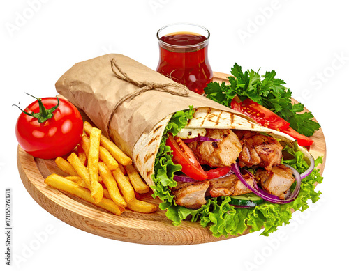 Wrap and sides grilled meat wrap, fries, tomato, drink, and salad
