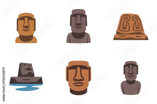 Flat illustration set for Polynesian Moai statue, featuring stone head, tribal pattern, and island symbols.