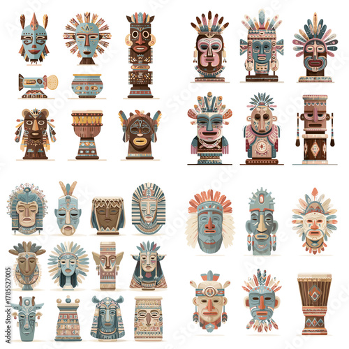 Artistic tribal mask illustrations inspired by indigenous cultures, featuring bold patterns, carved details, and decorative shapes. Great for cultural projects and ethnographic design.