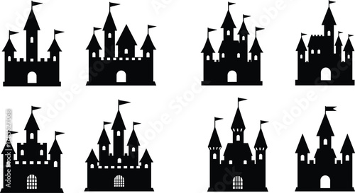 Castle silhouette icon set, medieval fortress vector illustration, tower and turret design, fairytale palace graphic, fantasy architecture symbol, royal kingdom art