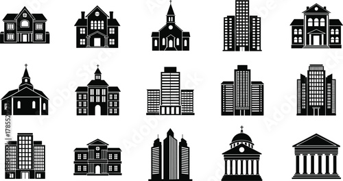 Building silhouette icon set, architectural vector illustration, diverse house and office design, church and government structure graphic, classical column architecture art