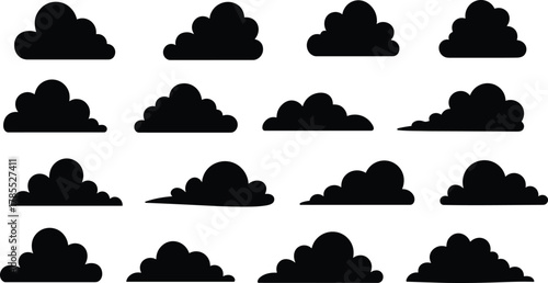 Cloud silhouette vector set, black cloud icons, stylized weather shapes, graphic design elements, atmospheric illustration pack, diverse cloud contour collection, sky symbol art