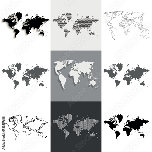 World map collection. A set of black and gray political maps of the world, isolated on a white background.
