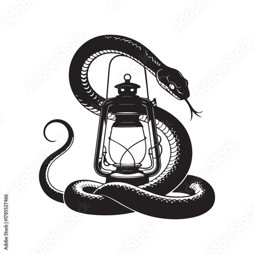 A snake wrapped around an oldfashioned oil lantern