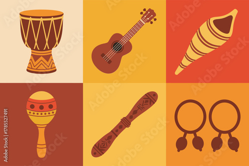 Flat vector icons for musical instruments, featuring drums, ukulele, maraca, horn, and various tribal percussion,