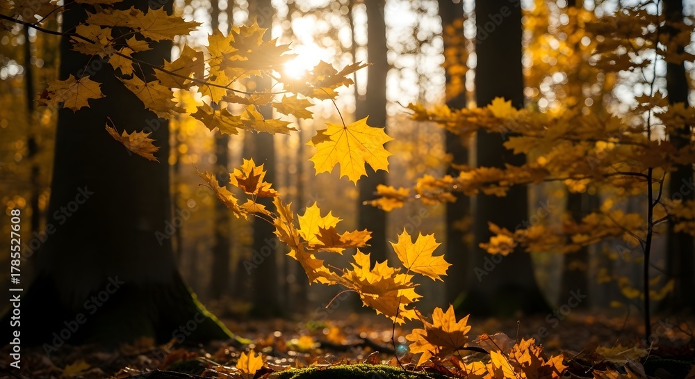 Naklejka premium Golden autumn leaves gently falling in a sun-dappled forest, capturing the beauty of the season