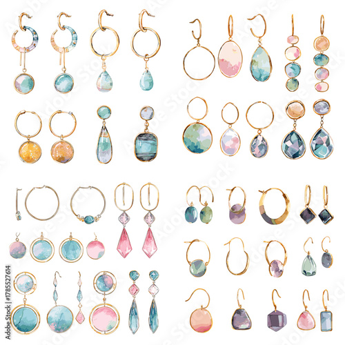 Vibrant watercolor earring collection featuring gold settings and multicolor gemstones in various shapes. Perfect for fashion design, branding, and luxury accessory artwork.