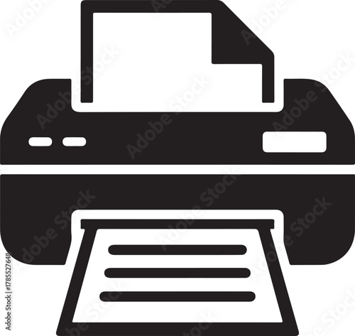 Black vector icon of a printer with paper, symbolizing printing, office tasks, and document output technology
