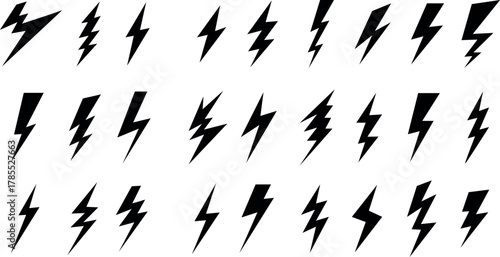 Lightning bolt collection offers diverse electrical storm shapes on a transparent background