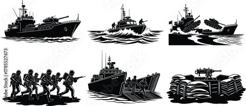 Military warship silhouette, combat boat patrol, amphibious landing craft, soldiers