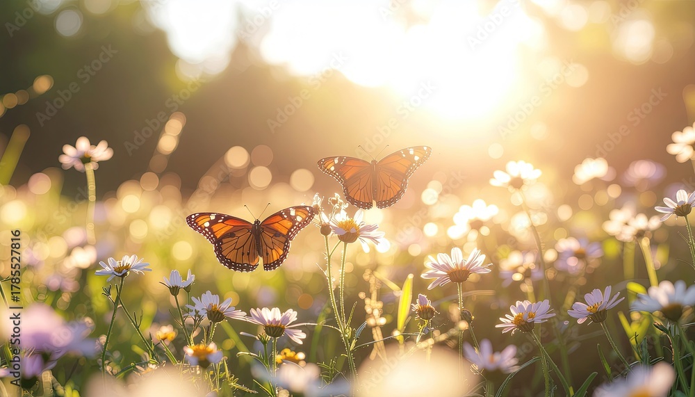 custom made wallpaper toronto digitalTwo butterflies, with orange and black wings, alight amongst white daisy flowers in a field bathed in warm sunlight, creating a serene and tranquil natural scene with soft bokeh effects.