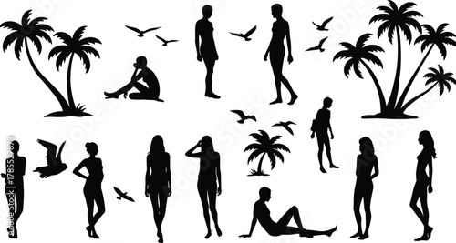 Silhouette collection of palm trees, tropical birds, and human figures, beach vacation vector illustration set, exotic paradise design elements for tourism and nature