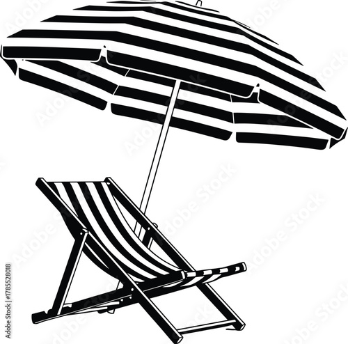 Striped beach umbrella and chair silhouette vector, summer vacation icon, outdoor leisure design, tropical holiday graphic, resort relaxation symbol, poolside art