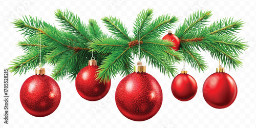 red decoration balls hanging from christmas tree branch isolated on transparent background 