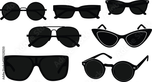 Sunglasses silhouette icon set, fashion eyewear vector illustration, round cat-eye aviator design, stylish accessory graphic, summer leisure symbol, trendy eyewear art