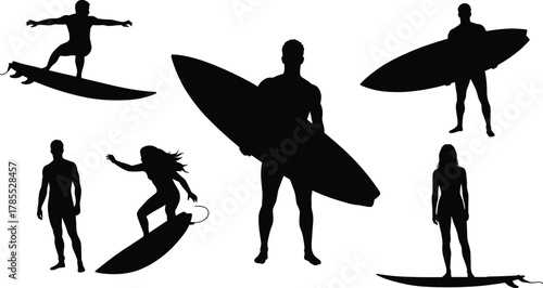 Surfer silhouette collection with surfboards, dynamic surfing poses and beach lifestyle vector illustration, summer vacation design elements for ocean sport and coastal culture