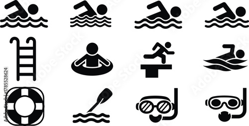 Swimming and water activity silhouette icons set, pool ladder, diving, snorkel, life preserver, summer vacation vector illustration for aquatic sports and safety design