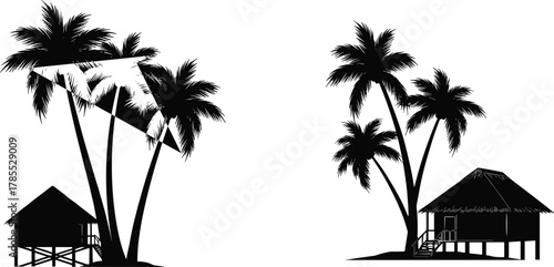 Tropical hut silhouette vector, palm tree illustration, geometric triangle design, coastal vacation graphic, summer leisure symbol, educational trigonometry art