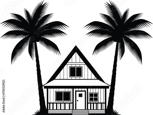Tropical house silhouette with palm trees, beachside architecture vector illustration, vacation home design element for summer tourism, coastal lifestyle, and paradise themes