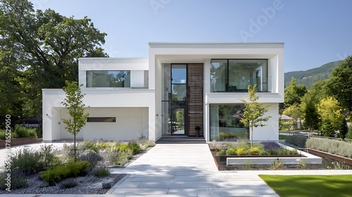 A contemporary two story house features a minimalist design with white walls large glass windows and a flat roof.