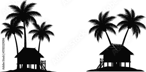 Tropical hut silhouette vector, palm tree illustration, stilt house design, beach vacation symbol, exotic resort graphic, summer holiday icon, coastal leisure art
