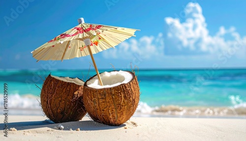 Wallpaper Mural Coconut halves, paper umbrella on sandy beach with blue water Torontodigital.ca
