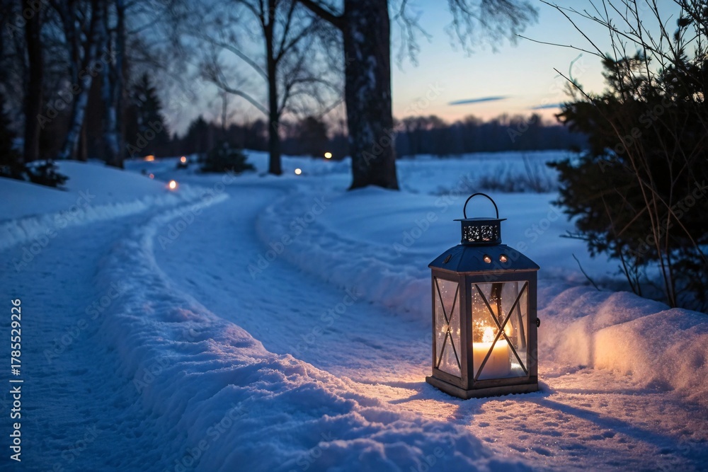 Naklejka premium Candle lantern glowing on snow path with dusk lighting