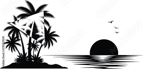Tropical island silhouette vector, palm tree and sail illustration, ocean waves design, sunrise sunset graphic, birds flying icon, coastal vacation leisure art