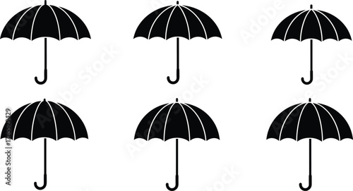 Umbrella silhouette icon collection, black vector illustration set with curved handles and segmented canopies, rain protection design elements for weather, fashion, and safety themes