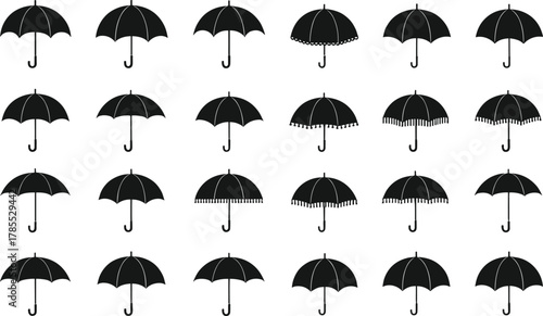 Umbrella icon silhouette set, vector illustration grid, hook handle design, canopy variations graphic, rain protection symbol, weather element art, outdoor accessory