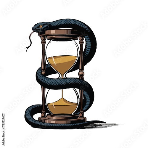 Black snake coiled around an hourglass
