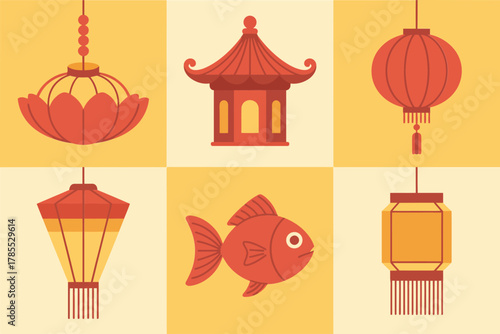 Flat vector icons for Chinese New Year, showing traditional lanterns, goldfish, and festive decorations,